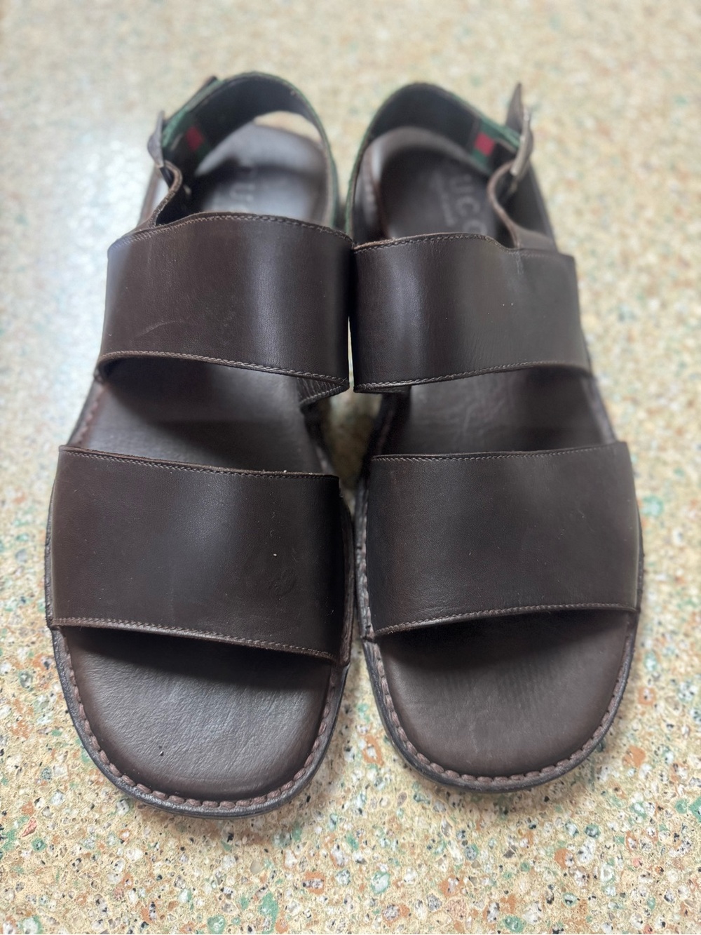 Gucci Brown Leather Sandals with Green & Red Web Straps 11.5 d